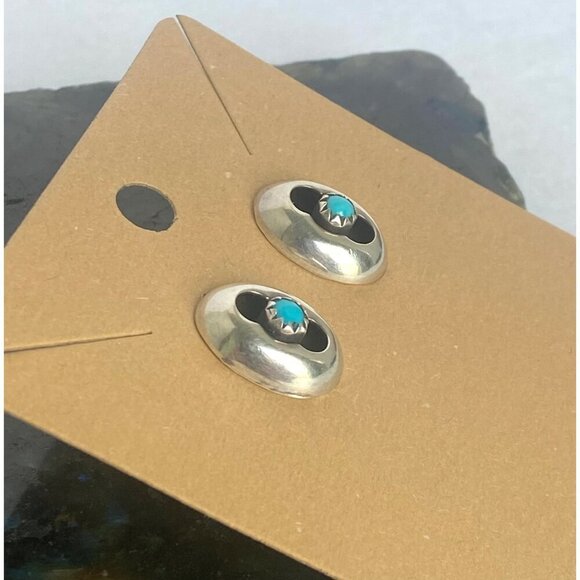VTG Sterling Silver 925 Very Dainty Oval Shadowbox Turquoise Stud Earrings - Picture 4 of 16